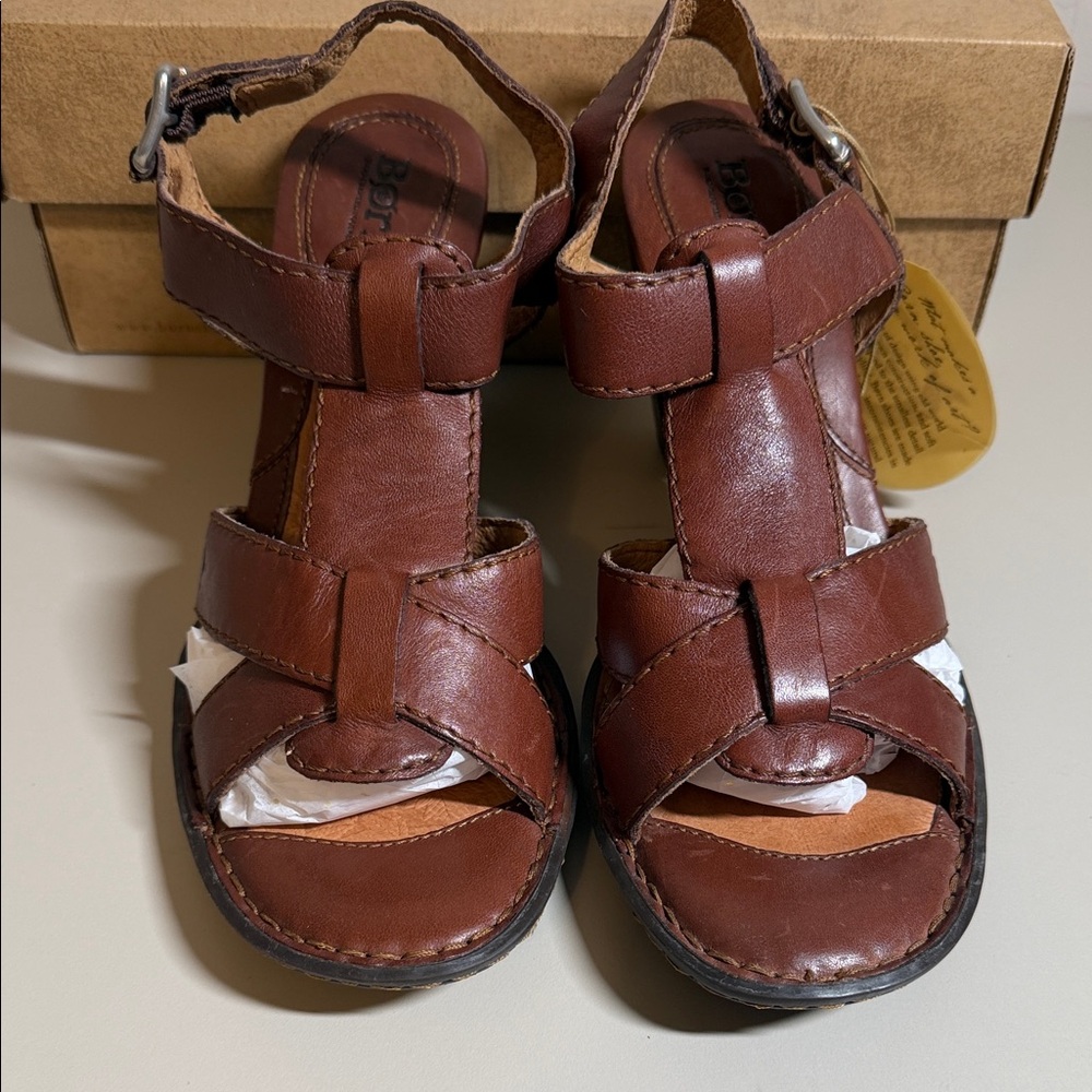 Born Chenille Tamarind Brown Leather Strappy Slingback Heels Sandal Sz 9 New